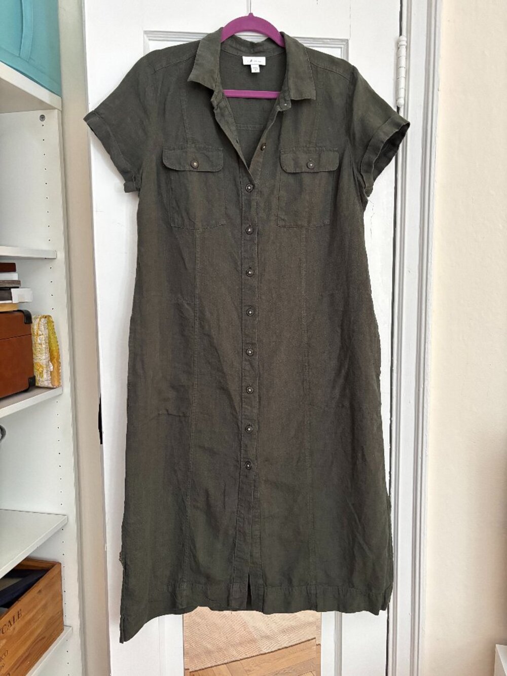 J.Jill Grey Green Linen Shirt Dress w/ Pockets Sz M